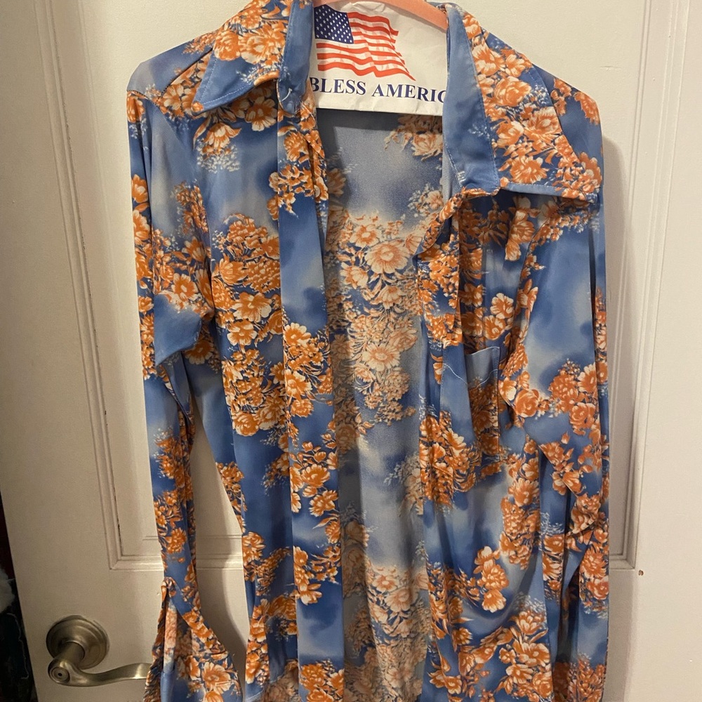 Blue and Orange printed button down cover up top